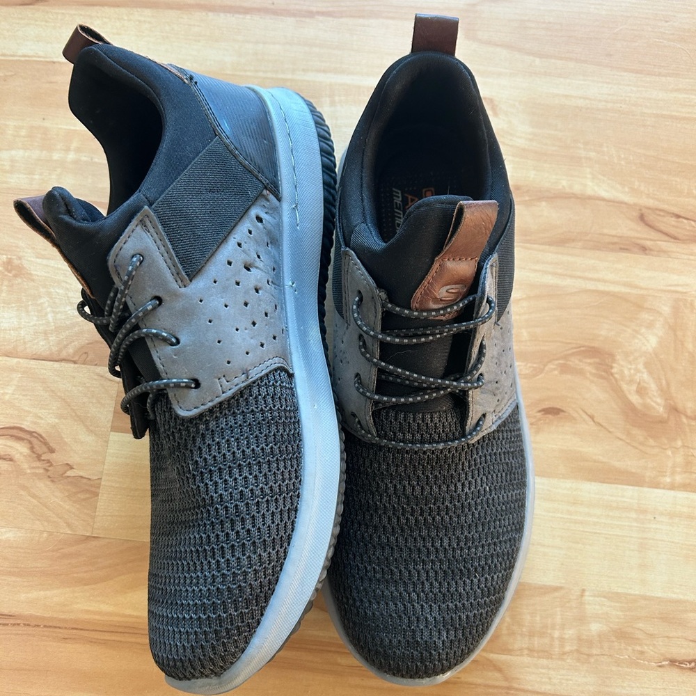 Skechers Men’s Black and Gray Knit Slip-On Sneakers with Brown Accents
